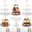 Willinglong 12 Pcs Dessert Cupcake Stand Holders - Cake Table Display Set, 5 Cupcake Tiered Stand 1 Cake Holder 6 Serving Tray Combo for Tea Party Birthday Baby Shower Wedding(Elegant,White,White)