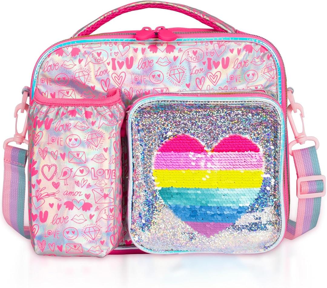 Kids Insulated Lunch Bag with Water Bottle Holder & Multiple Zippered Pocket, Fits Lunch Box & Water Bottle, Large Meal Tote for Kids, with Shoulder Strap (G48. Heart)