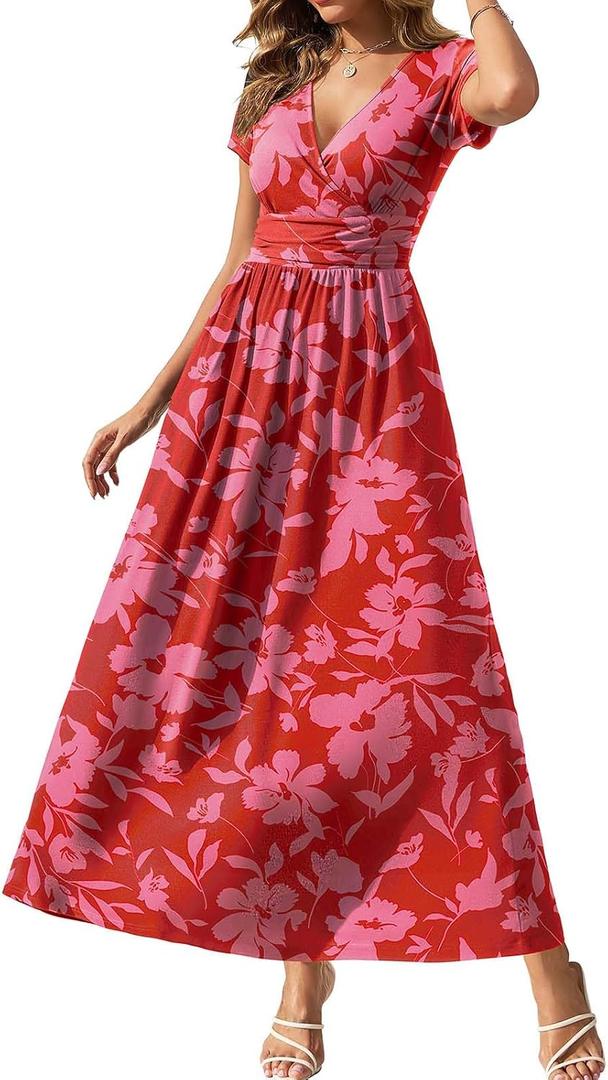 Gracyoga Women's Dresses 2026 Short Sleeve Wrap Maxi Dress with Pockets (Red, L)