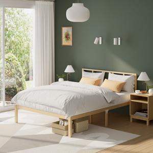 Bamboo Bed Frame Queen Size with Headboard Platform Bedframe Solid Stablewith Non-Slip Slats Support Tall Bed No Box Spring Needed Heavy Duty Easy Assembly Noise Free Nature, Queen with Headframe