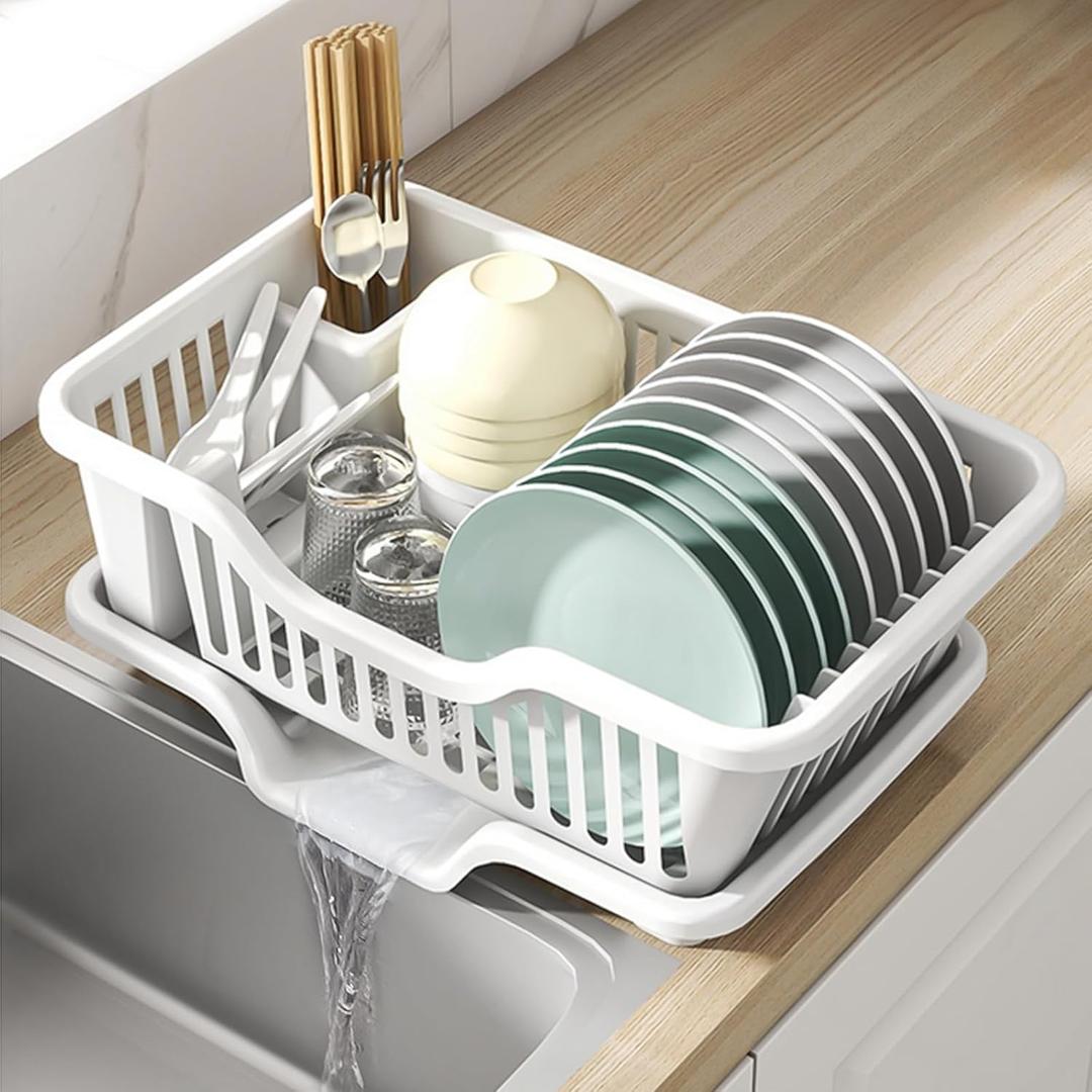 2-Piece Plastic Dish Drying Rack, Heavy Duty Sink Set Dish Rack, White Large Drainer with Attached Drainboard Utensil Cup Holders for Home Kitchen Counter Top Organizers