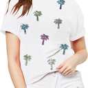 Women Hawaiian Shirt Tropical Shirts Coconut Tree Sequin T Shirt Hawaiian Family Vacation Tee Top (White, S)