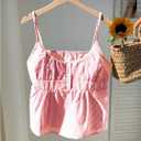 Women's Striped Button Front Flared Camisole Tops Shirred Spaghetti Strap Tank Top (Pink, S)