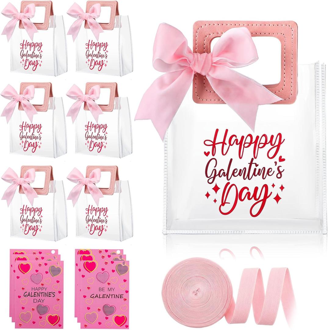 SilTriangle 6 Pcs Galentine's Day Gift Bags Plastic Clear PVC Heart Valentine Bag with Handle Ribbon Card Reusable Transparent for Galentines Her Women Friend Birthday Gift 6.7x5.9x3.1 in