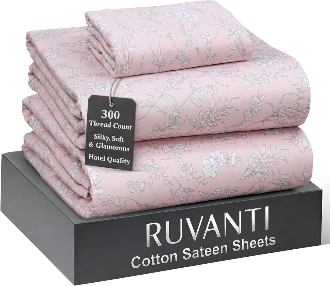 RUVANTI 100% Cotton Sheets Twin Size Bed Set - 300 Thread Count Silky Soft Sateen Weave, Cooling, Lightweight & Breathable, 16" Deep Pocket, Durable & Luxury Satin-Like, 3 Piece, Pink Fusion