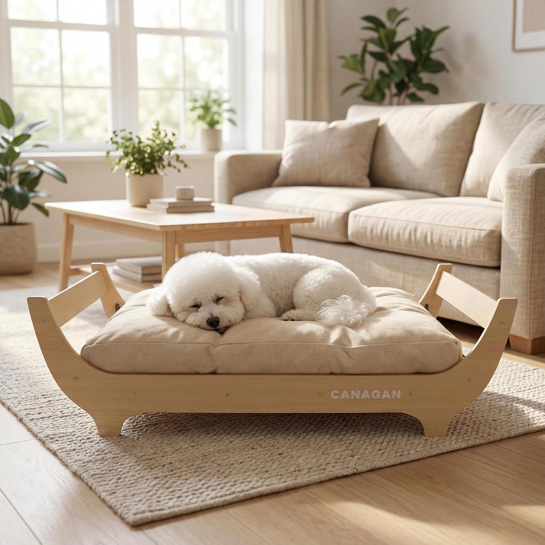 CANAGAN Elevated Wood Dog Bed Frame with Cushion, WoodPattern, Medium