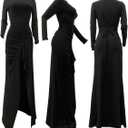 Vakkest Elegant Long Sleeve Dresses for Women Sexy Ruched Irregular Ruffle Split Party Maxi Dress Bodycon Evening Gowns (Black, XL)