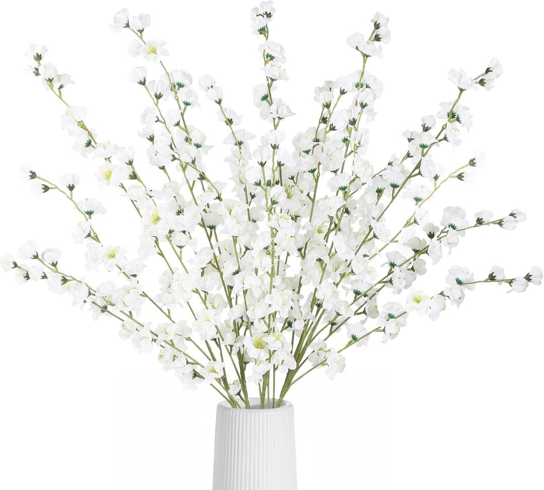 43.3in White Delphinium Artificial Flowers 5pcs Faux Snapdragon Flowers Long Stem Silk Flowers for Vase Table Centerpiece Home Wedding Party Garden Decoration(White)
