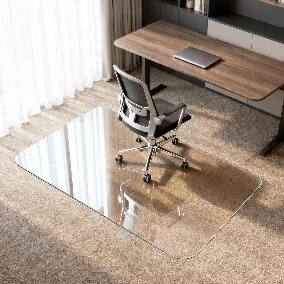 Kuyal Glass Chair Mat for Carpet, 32" x54" Heavy Duty Tempered Glass Office Chair Mat, 1/5" Thick Computer Chair Mat with Rounded and Polished Edges, Can be Used on Carpet or Hard Floor, Ship Flat