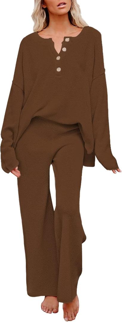 Viottiset Women's 2 Piece Outfits Sweatsuit Knit Long Sleeve Sweater Wide Leg Pants Loungewear (Large, Brown)