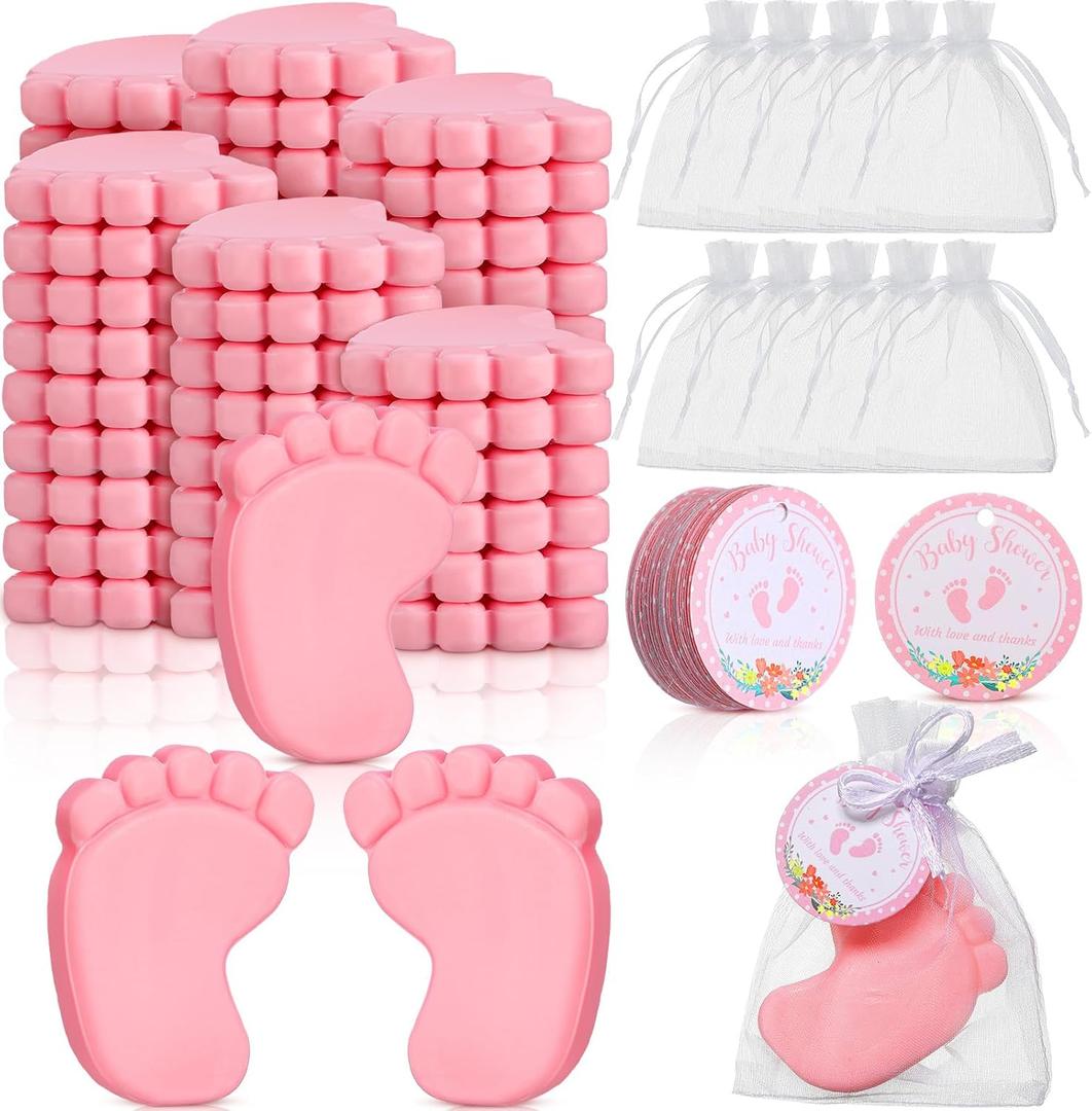 50 Sets Baby Shower Soap Favors for Guests Boy Girl Mini Handmade Scented Soaps with Thank You Tags and Organza Bags for Gender Reveal Baptism Shower Wedding Party(Pink)