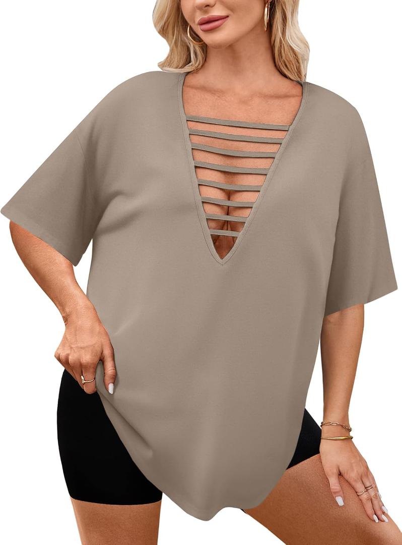 Remidoo Womens Oversized Tshirt Sexy Cut Out Top Ripped Shirt Short Sleeve V Neck Tee Beige Small (Beige, S)