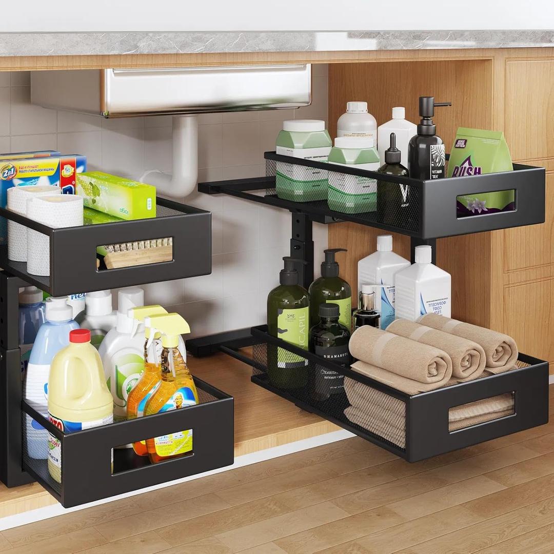 Under Sink Organizer, 2-Tier Dual Pull Out Cabinet Organizer Drawers With Smooth Circular Rail, Large Capacity Metal Mesh Sliding Shelves For Bathroom& Kitchen Storage,Height AdjustableBlack,2 Packs (2 Pack-15.9"Dx11.6"-16.7" H)