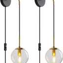 KUZZULL Wall Sconces Set of Two Black and Brass Plug in Wall Sconces Set of 2 with Globe Clear Glass Shade Wall Lights Wall Lamps for Bedrooms Sconces Wall Decor Set of 2 with Plug in Cord Switch