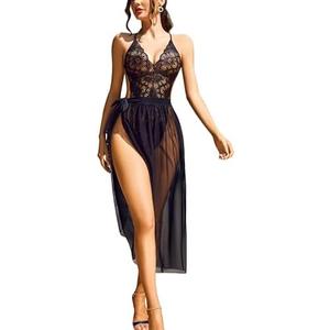 Avidlove Women One Piece Lingerie Deep V Lace Bodysuit Mosaic Lace Teddy Mesh Skirt size XL