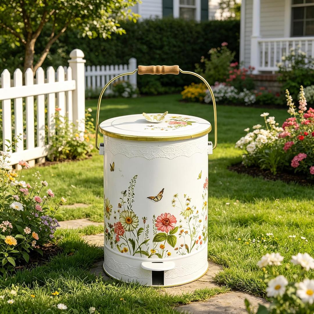 White Floral Metal Step Trash Can with Lid, 8L Vintage Butterfly & Wildflower Decorative Waste Basket with Handles for Bathroom, Bedroom, Kitchen, 14.57" x 9.84"