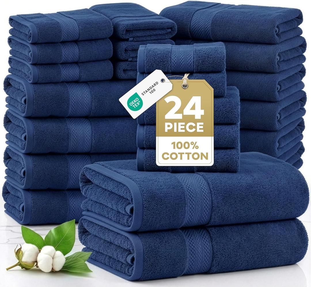 LANE LINEN 24 PCs Bath Towel Set - 2 Bath Sheets, 4 Bath Towels, 4 Fingertip, 8 Washcloths, 6 Hand Towels - 100% Ring Spun Cotton - Highly Absorbent Towels for Bathroom, Gym, Hotel & Spa - Navy Blue, 24 Piece Family Towel Set