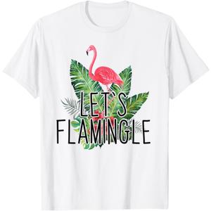 Let's Flamingle Hawaiian Tropical Floral Print Flamingo T-Shirt S