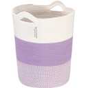 Sea Team Large Size Cotton Rope Woven Storage Basket with Handles, Laundry Hamper, Fabric Bucket, Drum, Clothes Toy Organizer for Kid's Room, 20 x 14 Inches, Round Open Design, White & Mottled Purple