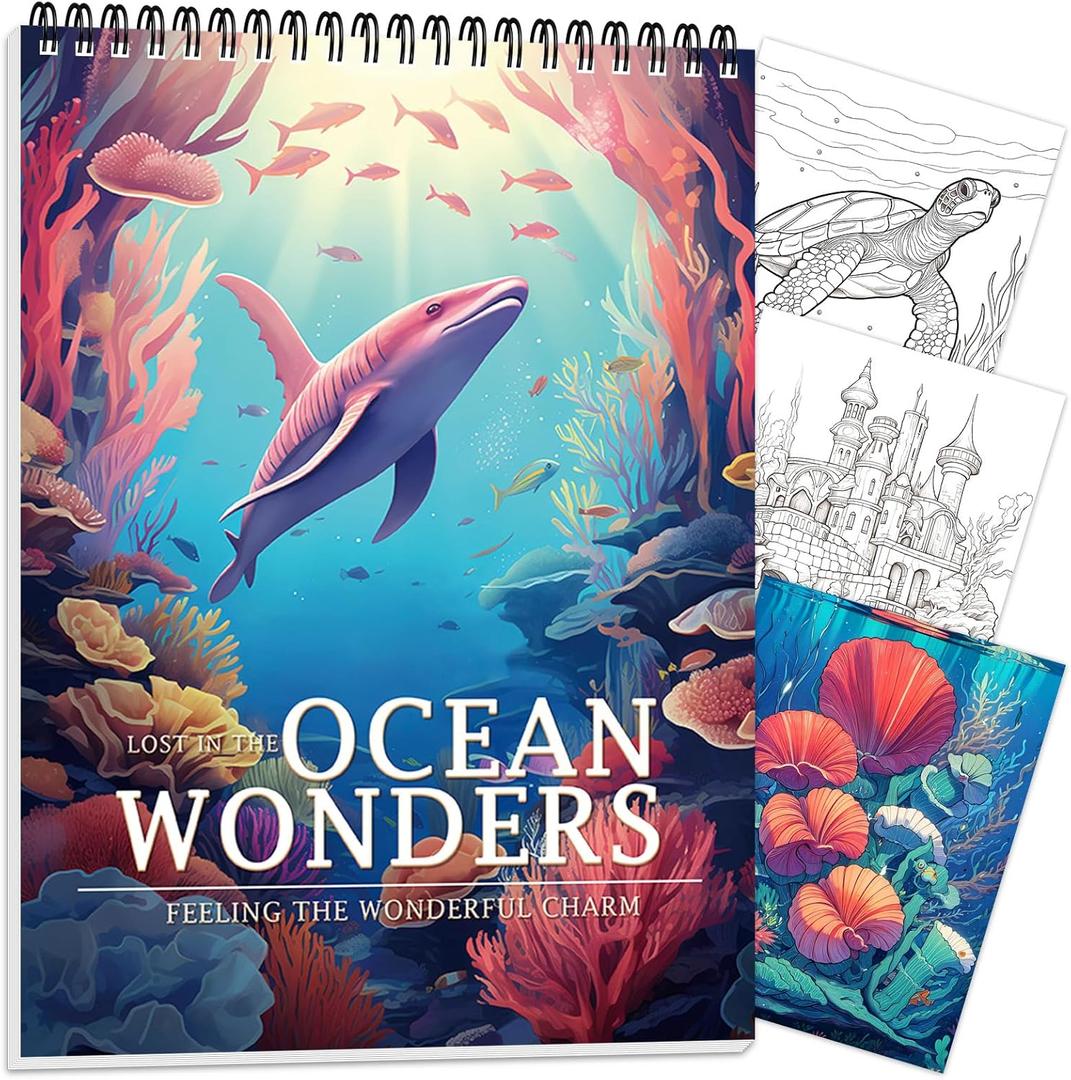 Ocean Coloring Book for Adult Spiral Bound, Adult Coloring Books for Women Relaxation, 30 Pages Thick Paper One Sided Design, Mindfulness Coloring Book, Anxiety Relief Mindfulness Gifts
