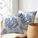 Blue and White Coral Throw Pillow Covers 16x16 Set of 2 Summer Beach Light Blue Gray Cushion Case Cotton Linen Square Sea Coral Tree Throw Pillows Case for Holidays Party Sofa Couch Bed Bench Outdoor