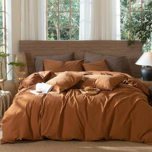 MooMee Wavy Striped Duvet Cover Set 100% Washed Cotton Linen Like Textured Breathable Durable Soft Comfy (Dark Orange, Super Queen 90"x98")