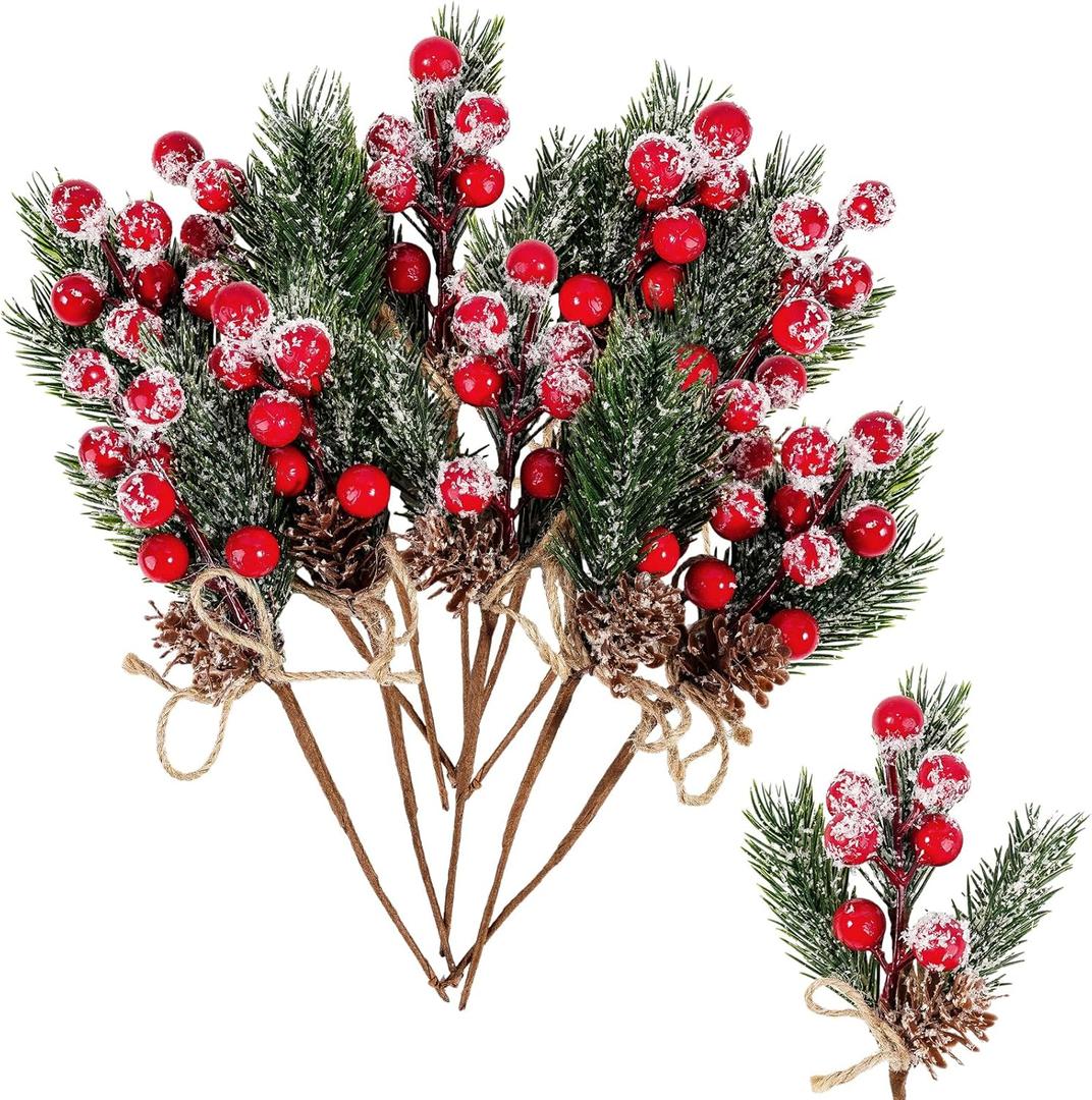 WSFSLJWDW 10PCS Christmas Berries Red Stems Evergreen Pine Branches, Snow Flocked Red Holly Berry Pine Cone Floral Sprays Decoration,Winter Holiday Floral Picks (10PCS)