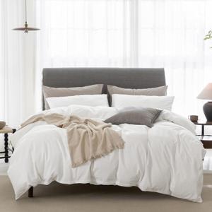 Cooling Full Duvet Cover Set 3 Pieces-100% Washed Cotton Linen Like Textured Ultra Soft Cozy Bedding with Zipper Closure,Includes 1 Duvet Cover & 2 Pillow Shams(Off White,Full 80"x90")