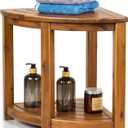 Teak Shower Stool, 18" Corner Shower Benches for Inside Shower Bathroom Wood Shower Seat with Storage Shelf Waterproof - S35796
