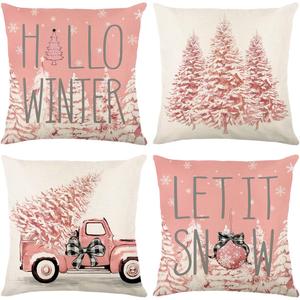 Christmas Pillow Covers Set of 4 for Xmas Decor, Winter Holiday Throw Cushion Case, Home Decorative Pillowcase (Pickup Christmas Tree, Pink, 18"x18")
