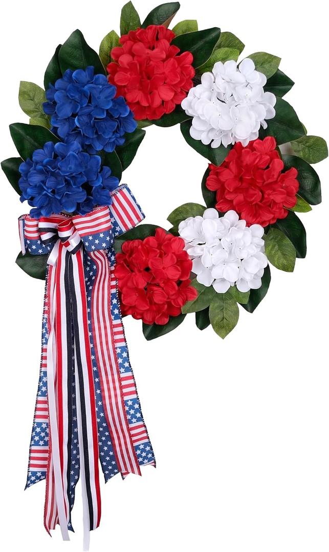 24 Inch Patriotic Front Door Wreath for July 4th Independence Day and Memorial Day, Artificial Red White Blue Hydrangea Wreath with USA Flag Printed Bow