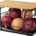 Pantry Organizers and Storage - Stackable Wire Basket with Lightweight PP Mat & Bamboo Top for Fruits Vegetables,Fruit Holder for Kitchen Countertop,Black