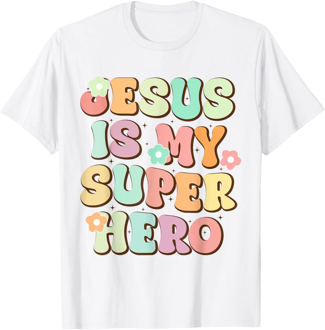Jesus Is My Superhero Christian Religious T-Shirt (Small, White)