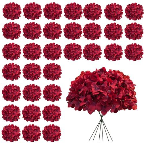 Cherica Dark Red Hydrangea Artificial Flowers Bulk, 30 Pcs Faux Hydrangea Flowers Heads, Artificial Fake Silk Hydrangea Flowers with Stems, Red Flowers Artificial for Decoration Wedding Décor