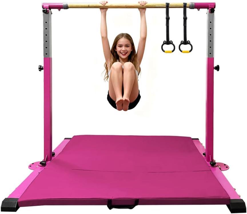 Gymnastic Kip Bar,Kids Girls Junior Ages 3-15,3' to 5' Adjustable Height,Home Gym Equipment,Home Training,1-4 Levels,260lbs Weight Capacity, DARK PINK