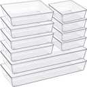 Criusia Drawer Organizer, 9 Pack Large Clear Plast Set, 3 Size Versatile Bathroom and Vanity Organizer Trays, Storage Bins for Makeup, Bedroom, Kitchen Utensils