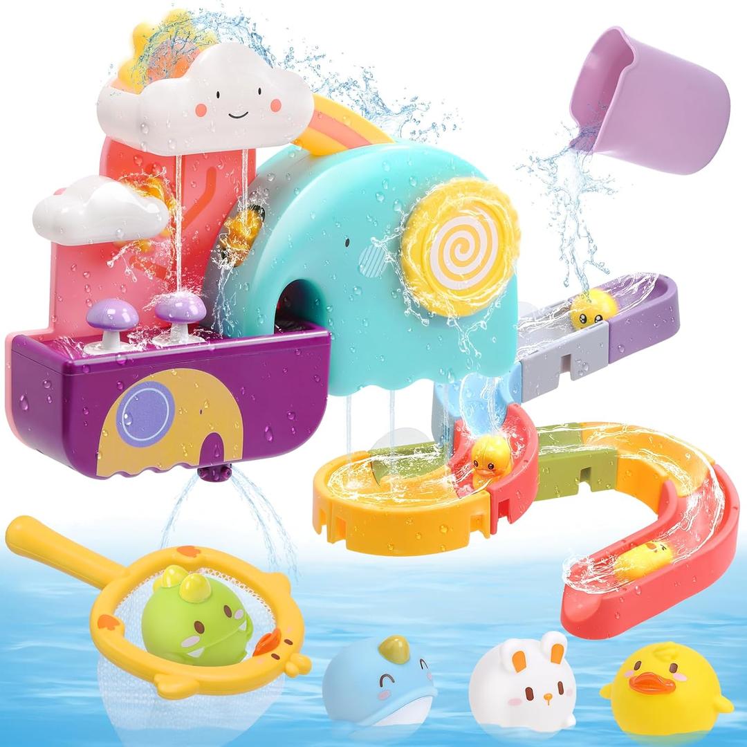 CUTE STONE Baby Bath Toys - Bathtub Toy W/ Water Slide Building Track, No Hole Floating Squirting Toys, Duck Fishing Net Game, Toddler Shower Toys, Educational Gifts for Boys & Girls
