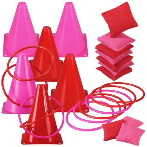 PullCrease 30 Pcs 3 in 1 Carnival Games Set Ring Toss Valentines Day Games for Kids Soft Plastic Cones Bean Bags Combo Set for Indoor Outdoor Party Supplies