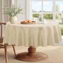 JIUZHEN Round Table Cloth Faux Linen Farmhouse Tablecloth Wrinkle and Stain Resistant Decorative Fabric Table Cover for Kitchen, Dining Room, Parties and Camping, Beige, 120 Inch Round