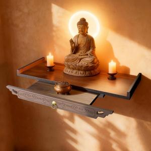 26" Wall-Mounted Altar Shelf, Supports up to 100 Lbs, with Extendable Drawer Bamboo Wall Altar, Antique-Style Carved Buddhist Altar for Incense and Pray, for Concrete and Gypsum Board Walls