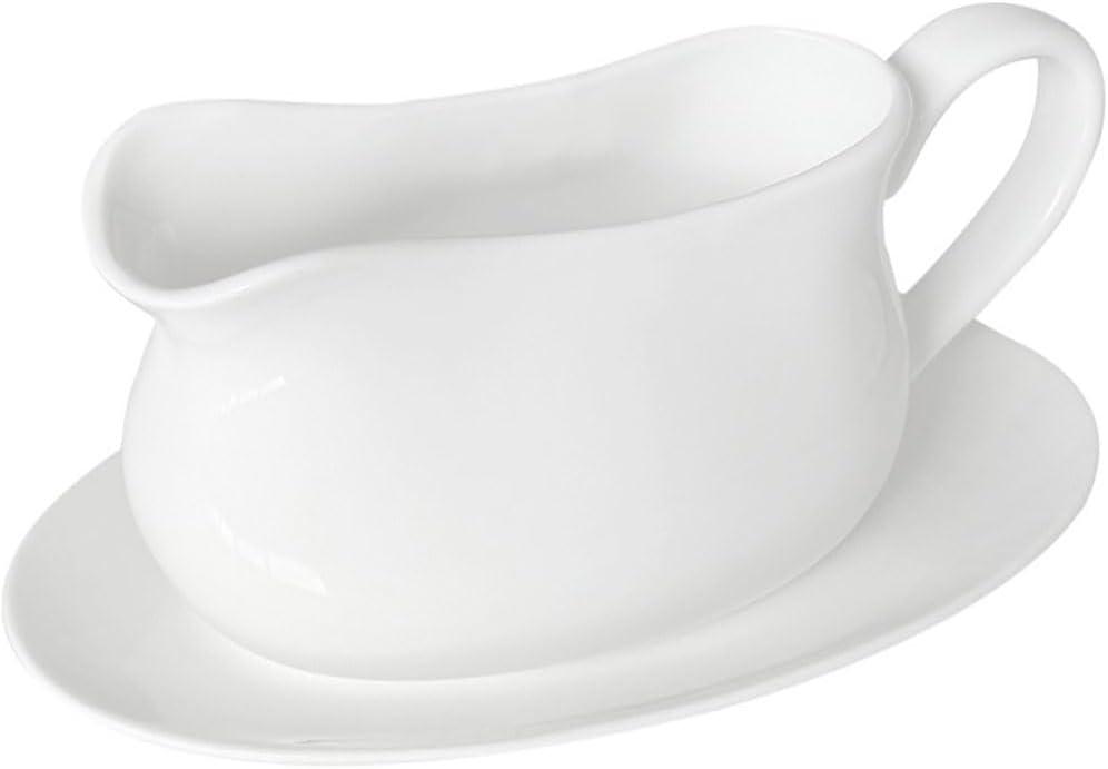 17oz Gravy Boat with Saucer Stand, Set of 1, Ceramic Sauce Boat with Tray for Salad Dressings,ketchup Creamer, Broth, Black Pepper, White
