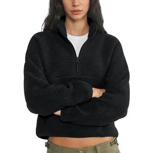 Yioaga Fleece Sweatshirts for Women Cropped Long Sleeve Half Zip Pullover Sherpa Jacket Warm Fuzzy Coats with Pockets M