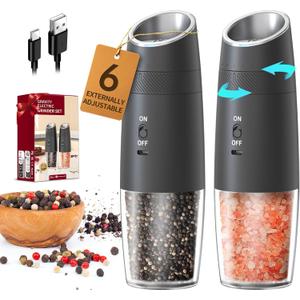 CIRCLE JOY Gravity Electric Salt and Pepper Grinder Set Rechargeable Automatic Pepper and Salt Shakers with LED Light, External Adjustable Coarseness, One-Hand Operation for Salt & Spices