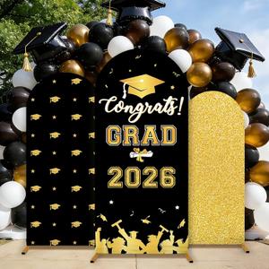 3 Set Graduation Party Decorations 2026 Graduation Arched Backdrop Cover Grads Parties Arch Covers Graduates of 2026 Party Supplies Arch Covers Spandex Stretchy Arched Cover, Black and Gold