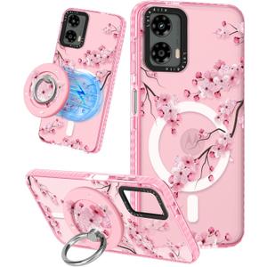 Cute Case for Moto G 5G 2024 for Women Girls - Funny Peach Blossom Design Compatible with Magsafe Ring Holder Magnetic Stand Kickstand Fashion TPU Phone Covers Kawaii