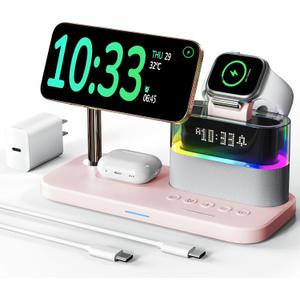 Compatible with Qi2 Certified 15W Charging Station with Alarm Clock and Night Light,Fast 5 in 1 Mag-Safe Wireless Charger Stand for iPhone 17 16 15 14 13 12 Pro Max,Apple Watch,Air-Pods(Pink)