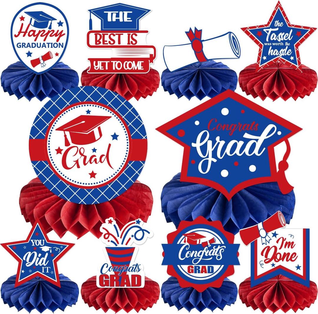 2026 Graduation Party Decorations 10PCS Red Blue Graduation Honeycomb Centerpieces Congrats Grad Honeycomb Table Centerpieces Class of 2026 3D Table Topper Decor for Graduation Party Favor Supplies