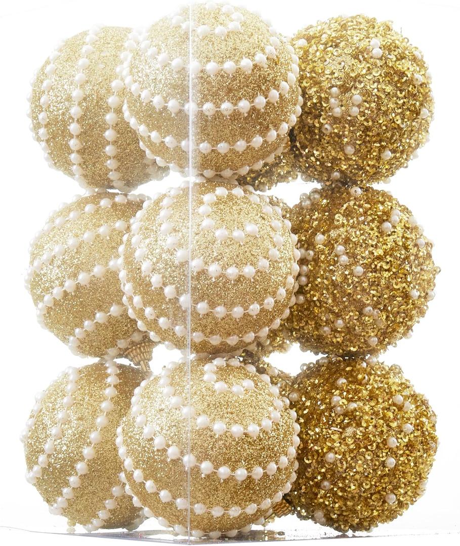 ChrisWish Gold Christmas Ball Ornaments, Christmas Ball Decorations Shatterproof Plastic Hanging Pearl Balls for Holiday Party(70mm/ 2.76", 12ct)