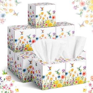 Fourluoo 12 Pack Spring Floral Facial Tissues Cube Boxes 600 Sheets 3 Ply Small Square Flower Hummingbird Face Tissues Bulk for Spring Summer Car Bedroom Supplies