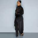 Women's Lace See Through Jumpsuit Bodycon Sexy Club Outfits Long Sleeve Pleated High Split Midi Skirt One Piece Set (Black, L)